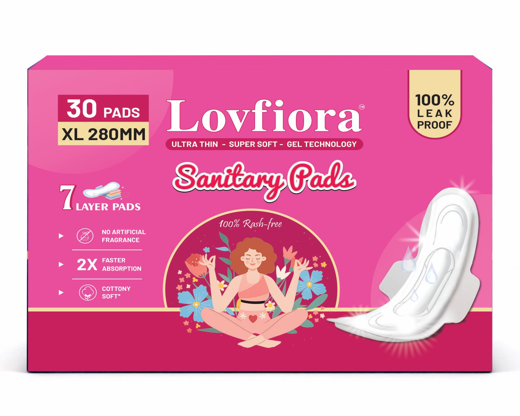 Lovfiora Sanitary Pads sku 1.4.jpg LovFiora Ultra Thin Sanitary Pads for Women – XL 280mm (Pack of 30) | 7-Layer Protection with Gel Technology | 100% Rash-Free & Leak Proof | Cottony Soft Feel - Image 1