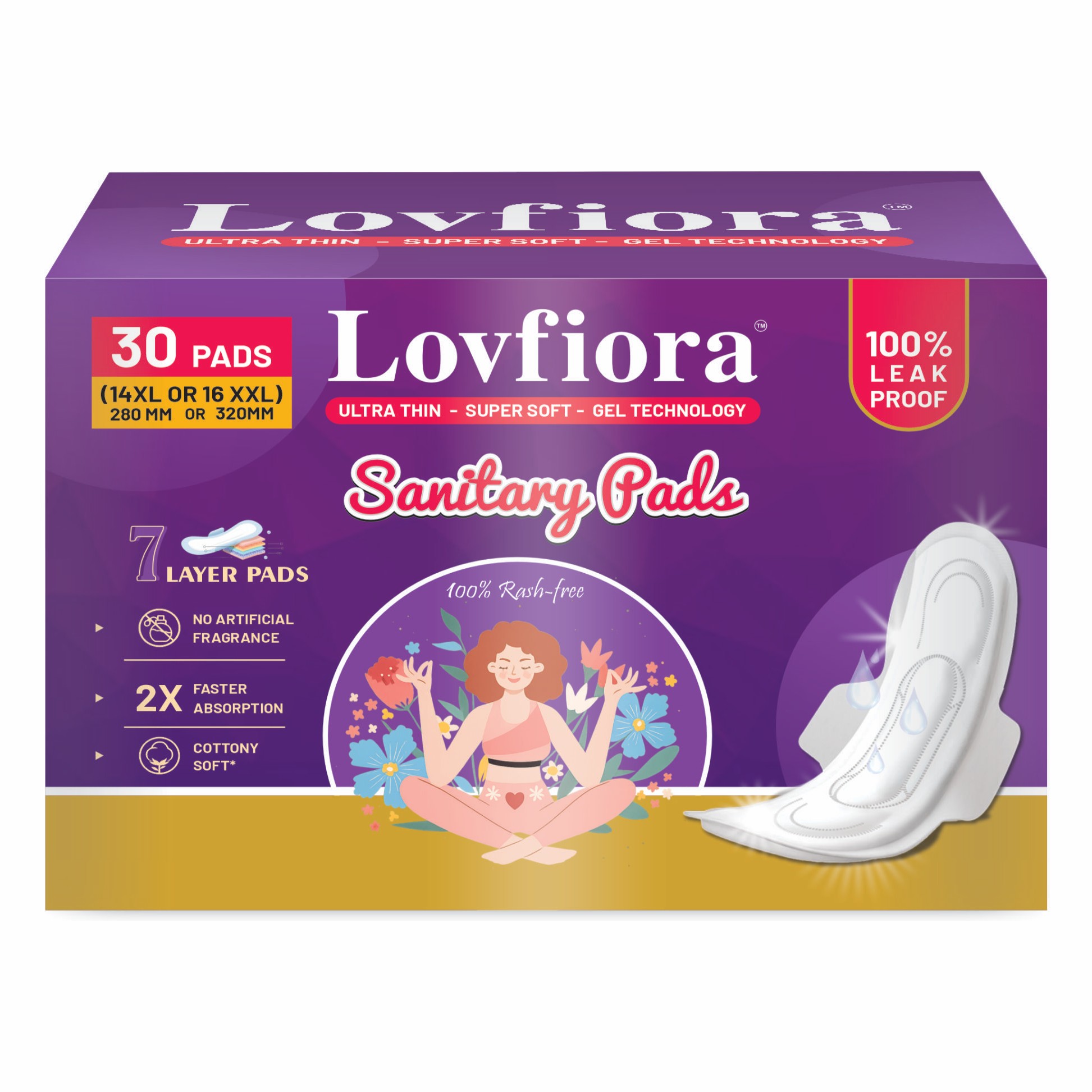 Lovfiora Sanitary Pads sku 3.1 LovFiora Premium Sanitary Pads – 30 Pads Combo (XL + XXL) | Advanced Gel Technology for 2X Absorption | Heavy Flow & Overnight Protection | Rash-Free & Breathable - Image 1