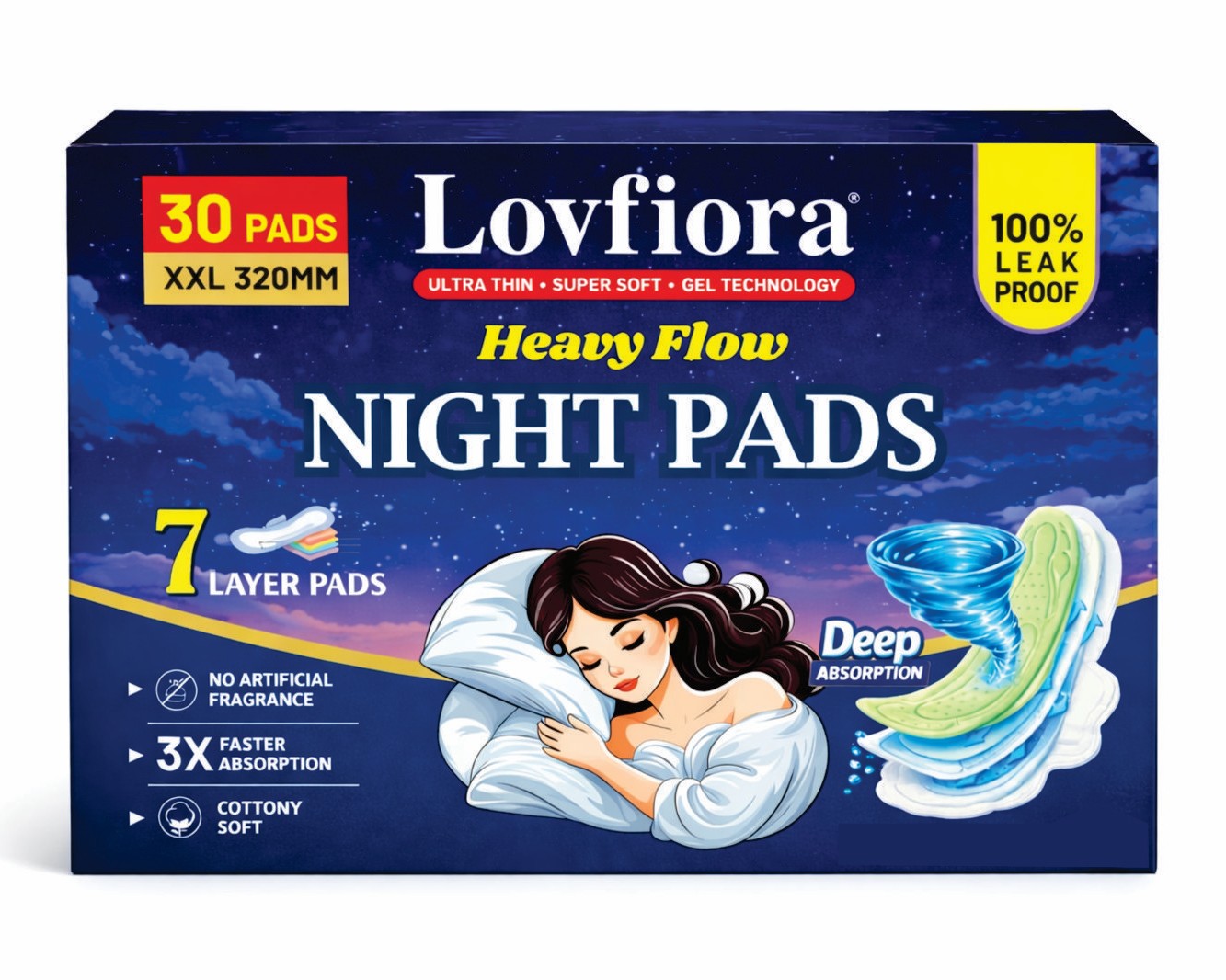 Lovfiora Sanitary Pads sku 4.1 LovFiora Premium Night Pads XXL 320mm (30 Count) – 3X Faster Deep Absorption Technology | Extra Long for Heavy Flow & Leak-Free Sleep - Image 1